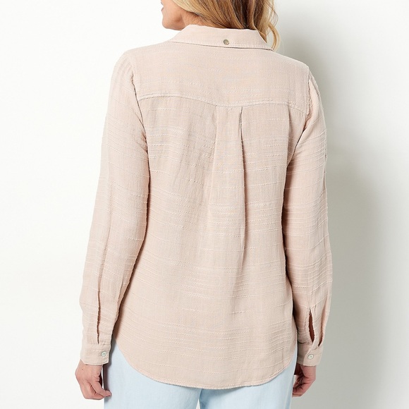 Side Stitch Soft-Textured Slub Stripe Button-Down Top (Soft Tan, Petite 2X) - Picture 2 of 3